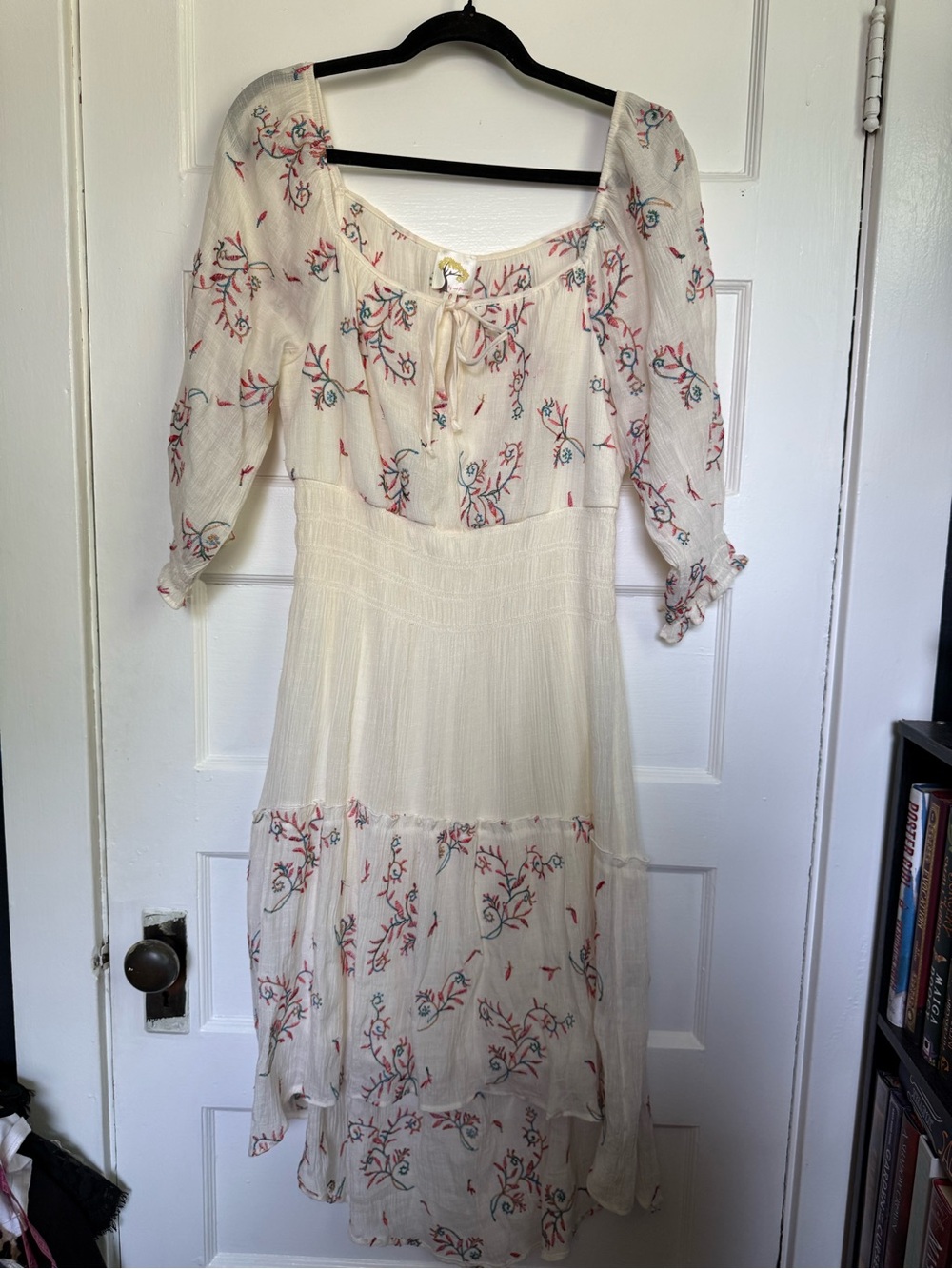 fig and flower Cream Peasant Floral Smocked Boho Cottagecore High-Low Dress Sz L